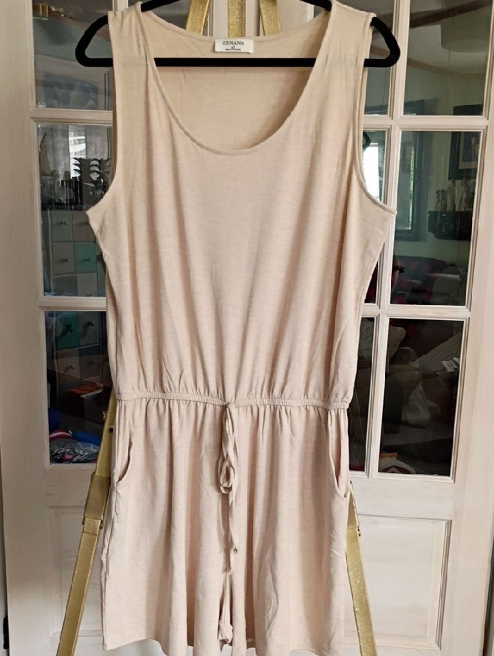 Zenana Outfitters Sleeveless Beige Romper with Drawstring